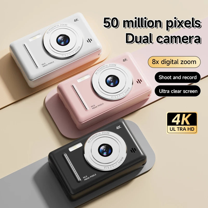 Compact camera in white, pink and black, dual camera 4K