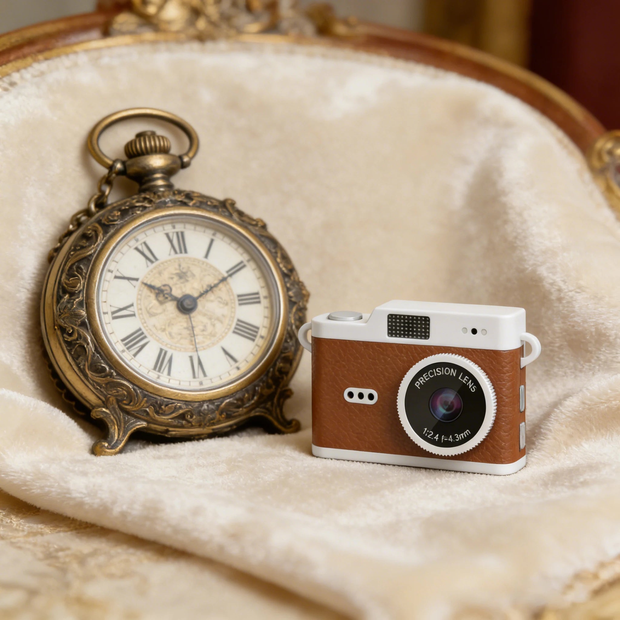 Vintage wallet mini camera next to an antique pocket watch