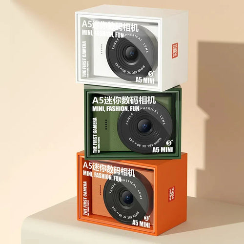 A5 mini kids camera packaging in white, green and orange