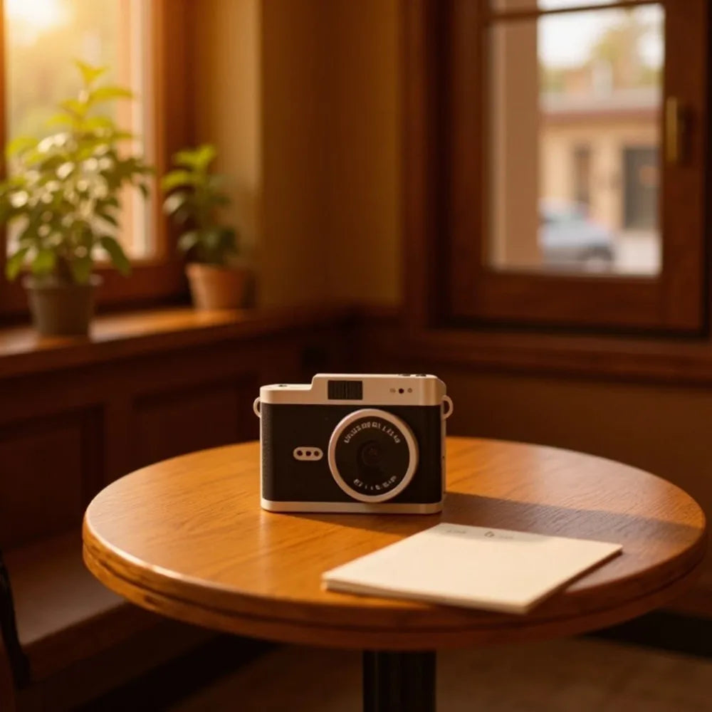 Retro pendant mini camera on a cafe table
