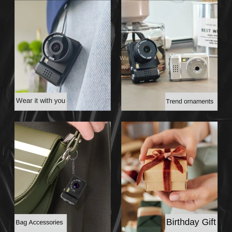 Mini camera clipped to jacket, bag and given as birthday gift