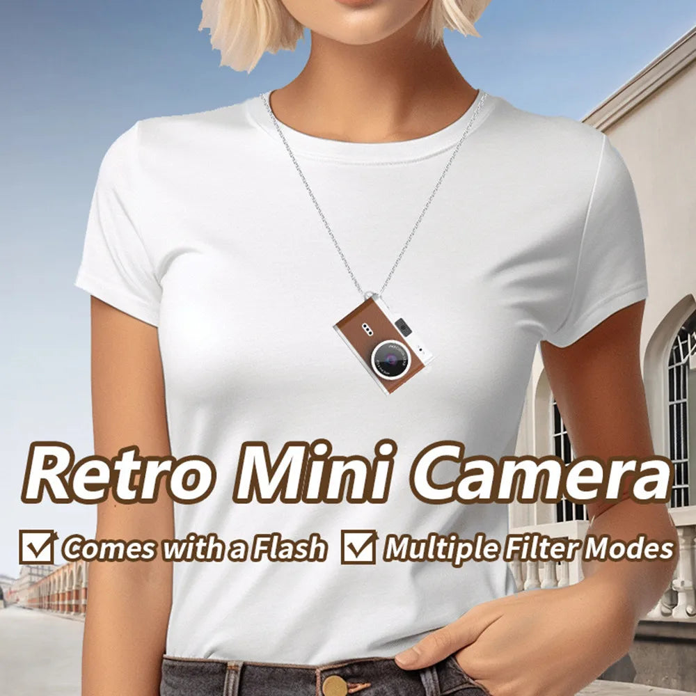 Retro pendant mini camera worn as a necklace with flash and filters
