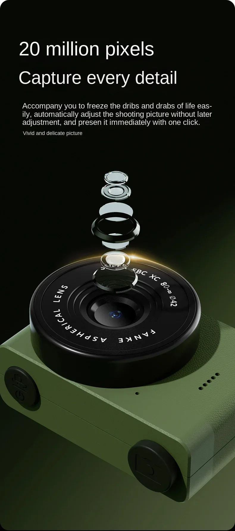 A5 kids camera 20 million pixels lens detail