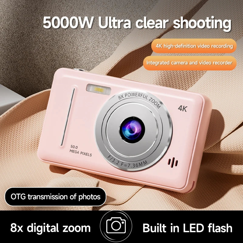 Compact camera pink 8x digital zoom built-in LED flash