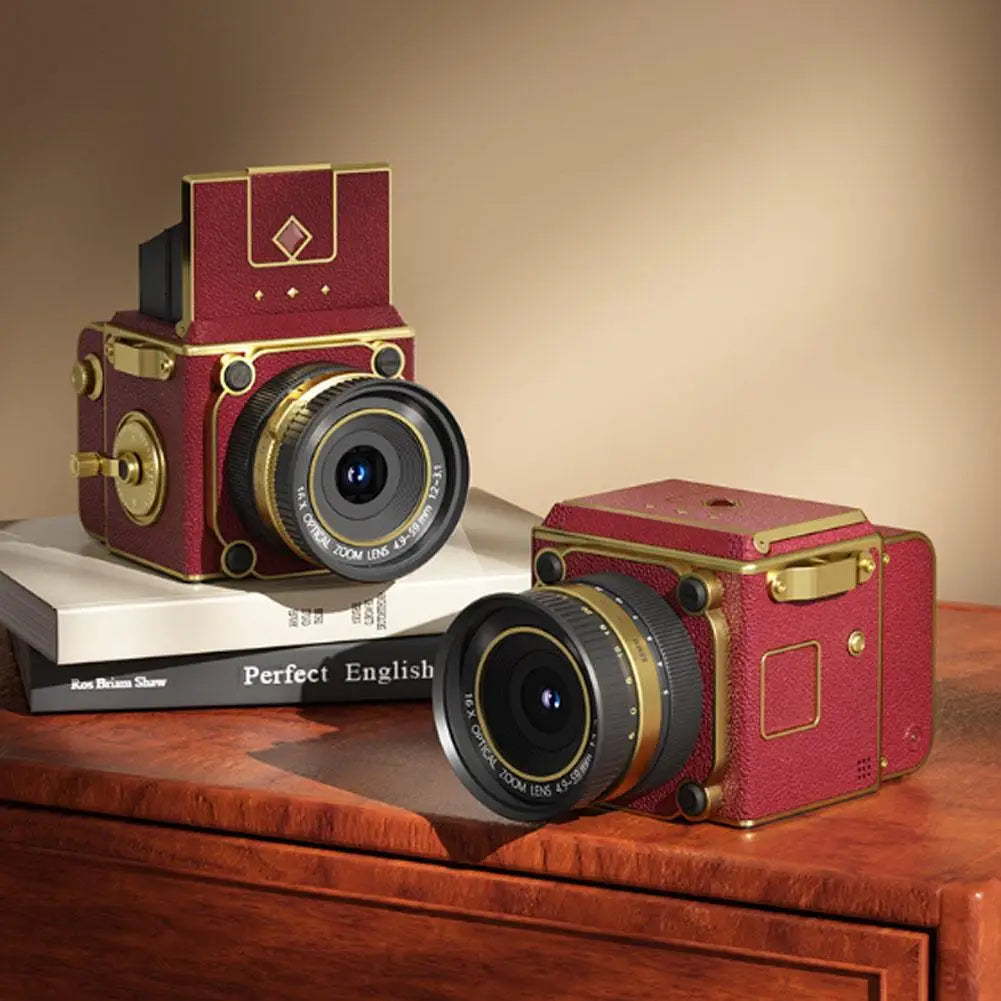 Vintage box camera with 16x optical zoom lens detail