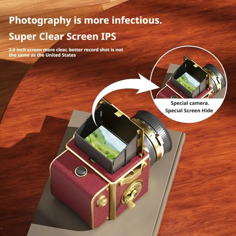 Vintage box camera hood opening to reveal IPS screen