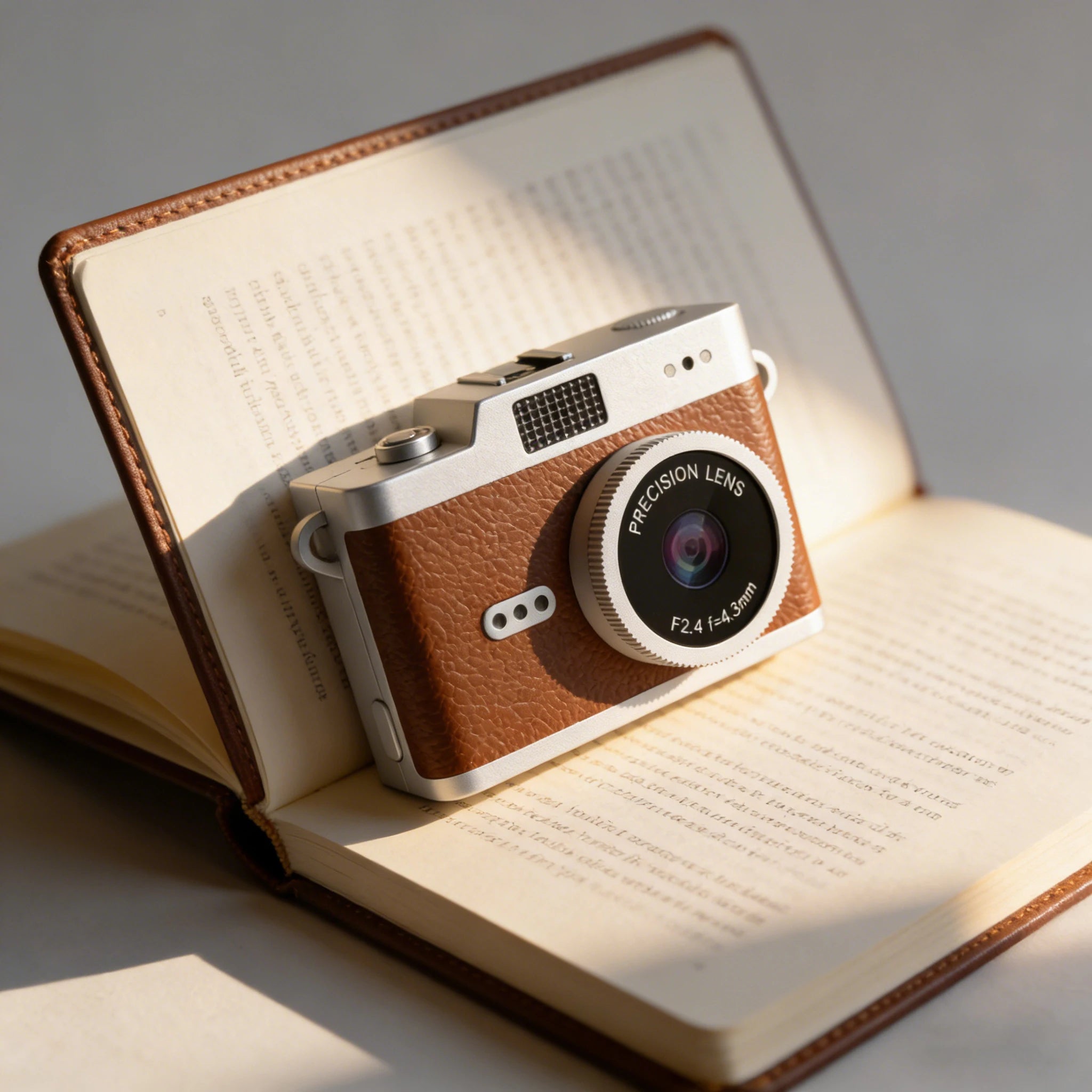 Vintage wallet mini camera on an open book
